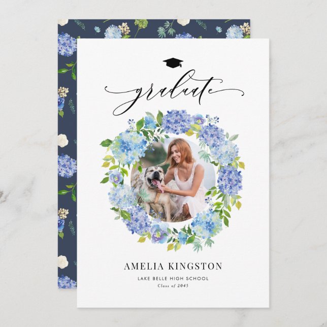 Watercolor Blue Hydrangea Wreath Photo Graduation Invitation (Front/Back)