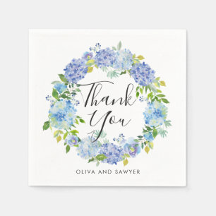 Watercolor Blue Hydrangea Wreath Thank You Wedding Napkin
