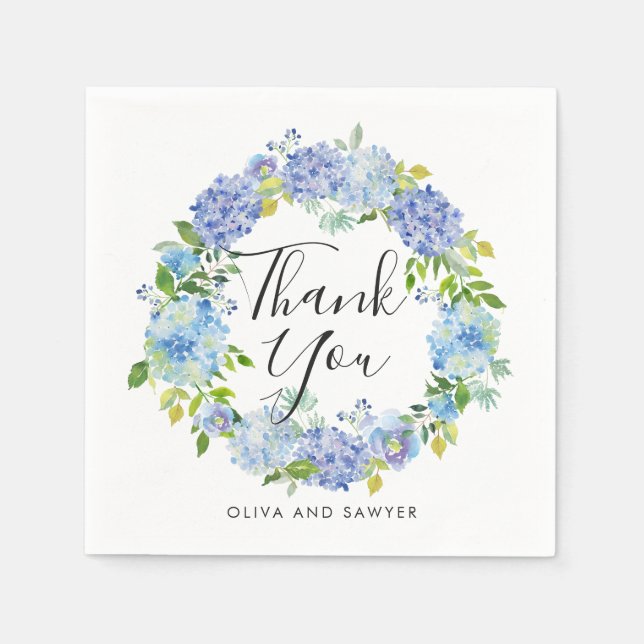 Watercolor Blue Hydrangea Wreath Thank You Wedding Napkin (Front)