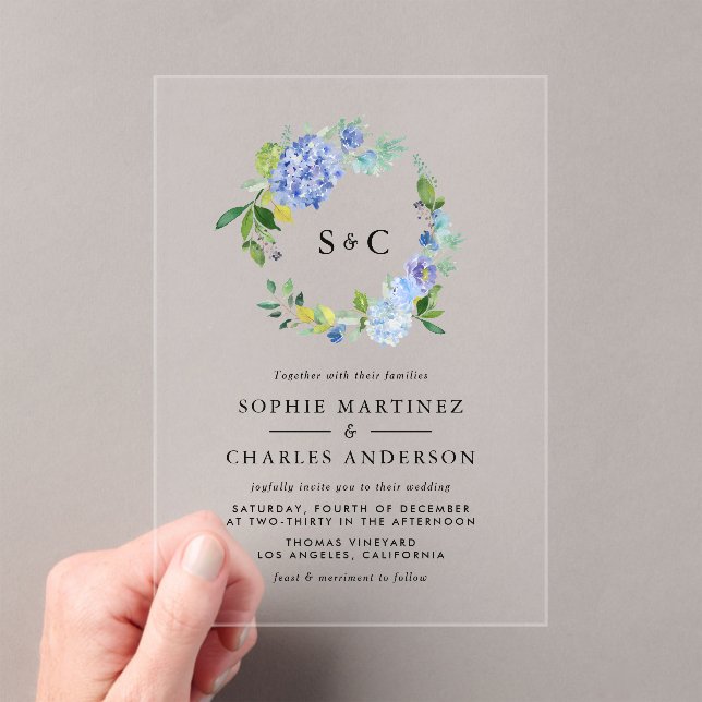 Watercolor Blue Hydrangea Wreath Wedding  Acrylic Invitations (Insitu (Handheld))