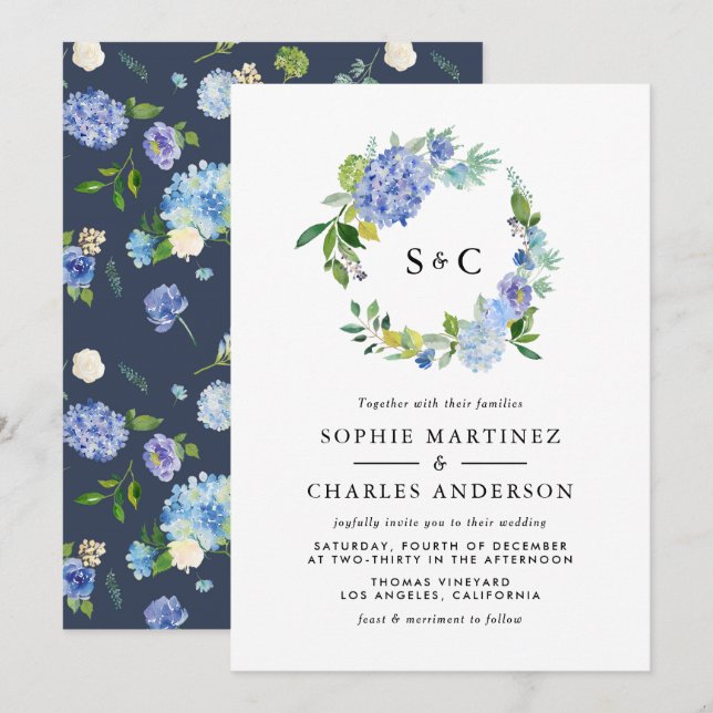 Watercolor Blue Hydrangea Wreath Wedding Invitation (Front/Back)