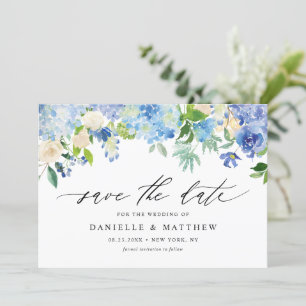 Watercolor Blue Hydrangeas and Ivory Roses QR Code Save The Date
