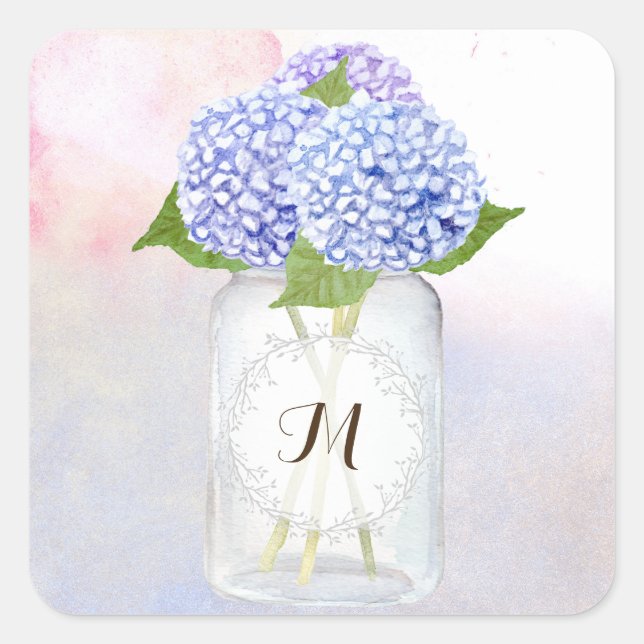 Watercolor Blue Hydrangeas and Mason Jar Wedding Square Sticker (Front)