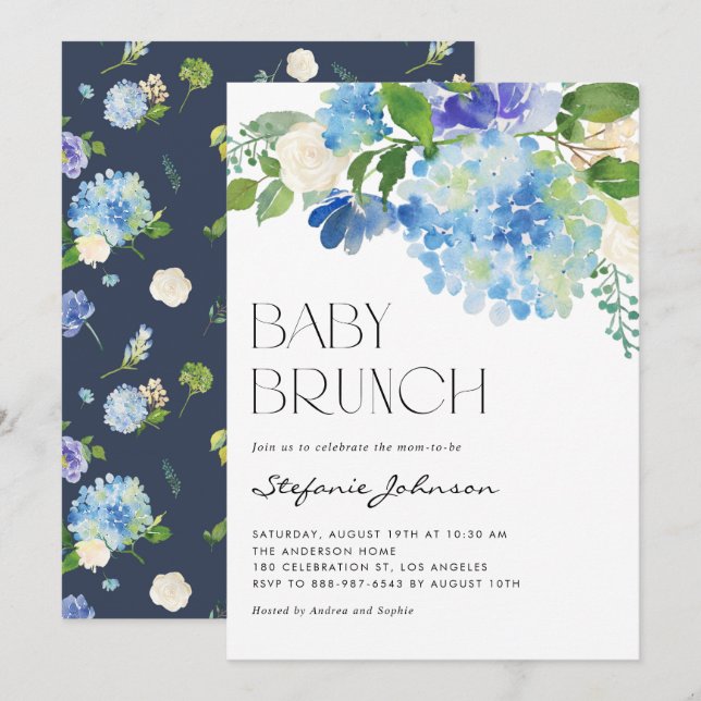 Watercolor Blue Hydrangeas Baby Shower Brunch Invitation (Front/Back)