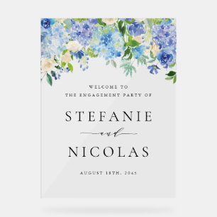 Watercolor Blue Hydrangeas Engagement Party Acrylic Sign