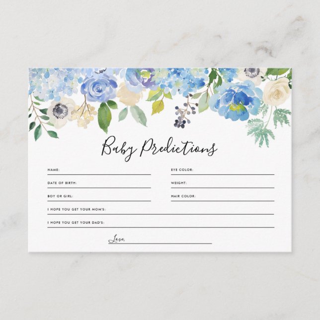 Watercolor Blue Hydrangeas Floral Baby Prediction Enclosure Card (Front)