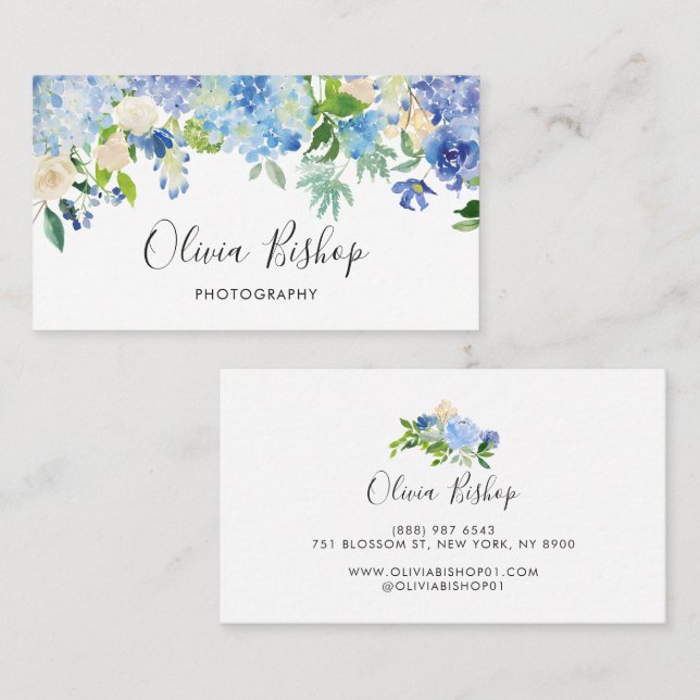 Watercolor Blue Hydrangeas | Floral Business Card (Front/Back)