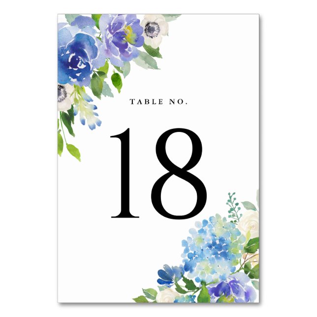 Watercolor Blue Hydrangeas Floral Table Numbers (Front)