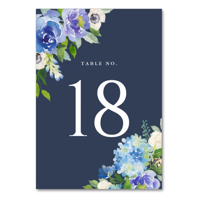 Watercolor Blue Hydrangeas Floral Table Numbers II (Front)