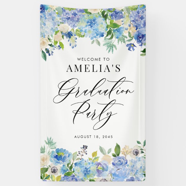 Watercolor Blue Hydrangeas Graduation Welcome Sign (Vertical)