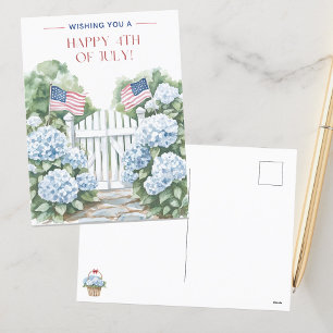 Watercolor Blue Hydrangeas Happy 4th of July   Postcard