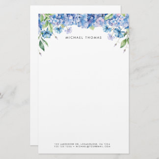 Watercolor Blue Hydrangeas & Purple Floral  Stationery