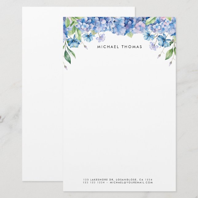 Watercolor Blue Hydrangeas & Purple Floral  Stationery (Front/Back)