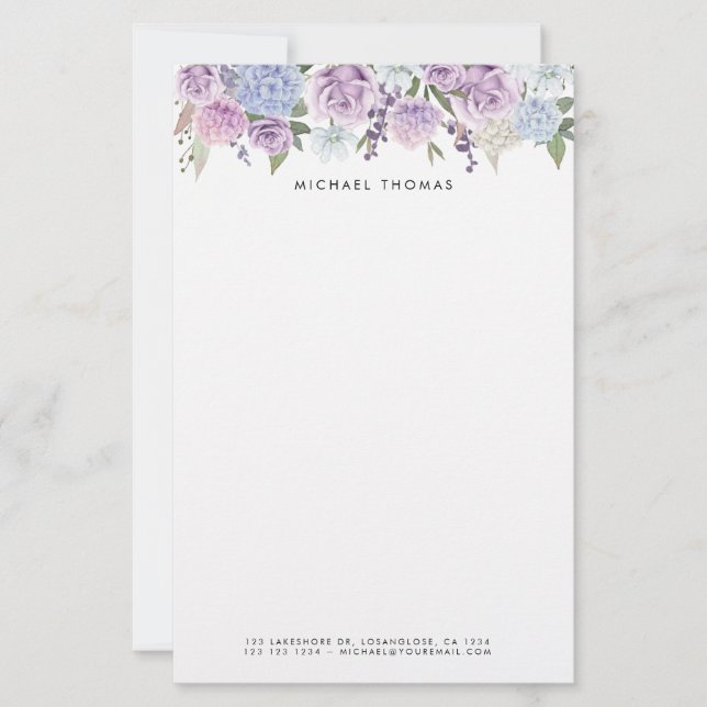 Watercolor Blue Hydrangeas & Purple Roses Floral  Stationery (Front)