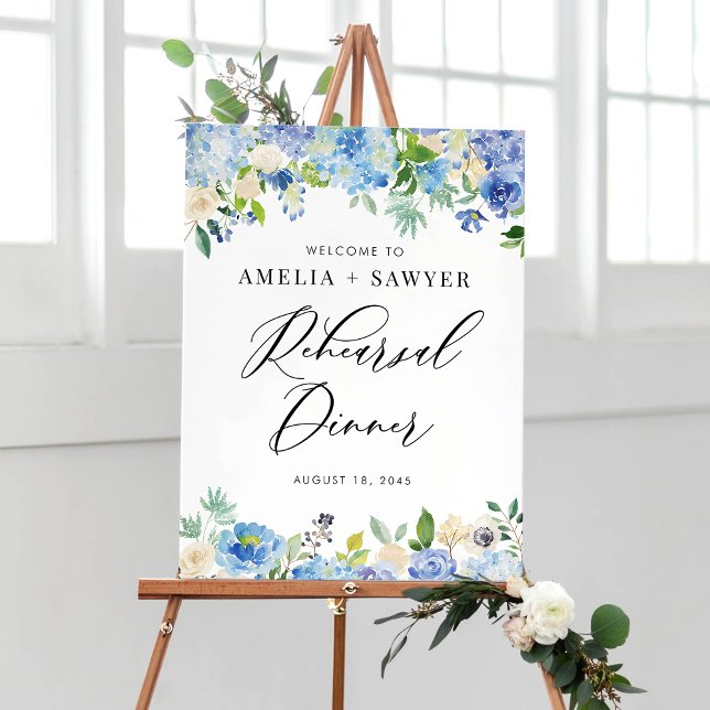 Watercolor Blue Hydrangeas Rehearsal Dinner Poster (Creator Uploaded)