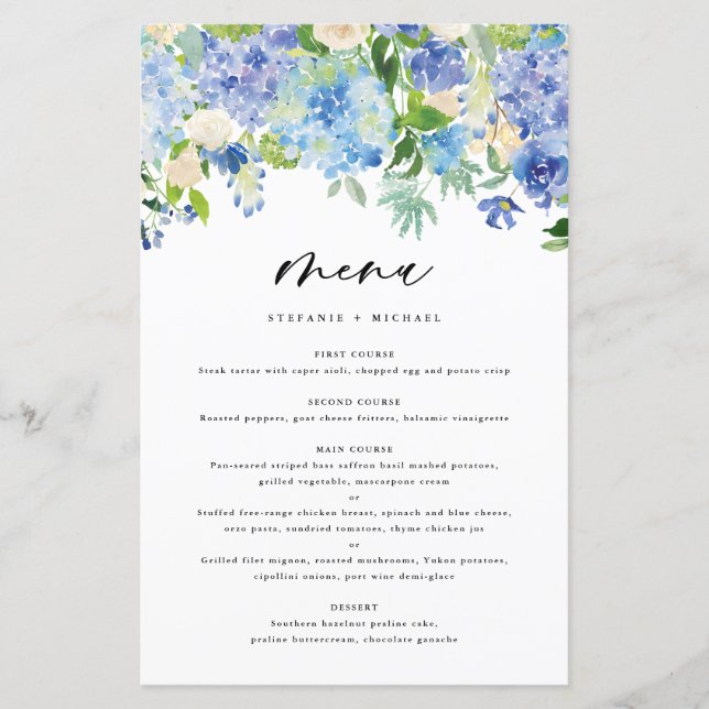 Watercolor Blue Hydrangeas Wedding Menu Card (Front)