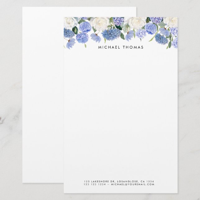 Watercolor Blue Hydrangeas & White Roses Floral  Stationery (Front/Back)