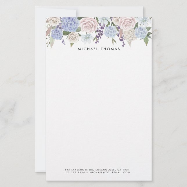 Watercolor Blue Hydrangeas & White Roses Floral  Stationery (Front)