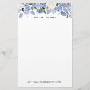 Watercolor Blue Hydrangeas & White Roses Floral  Stationery
