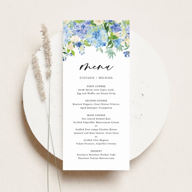 Watercolor Blue Hydrangeas Winter Floral Wedding Menu (Creator Uploaded)