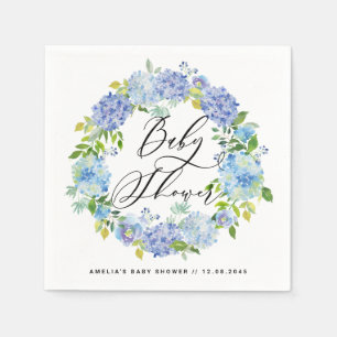 Watercolor Blue Hydrangeas Wreath Baby Shower Napkin