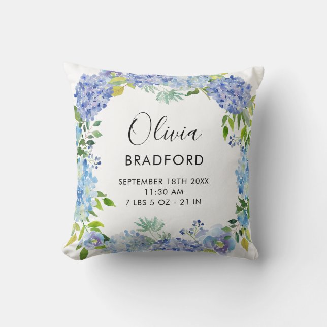 Watercolor Blue Hydrangeas Wreath Nursery Pillow (Front)
