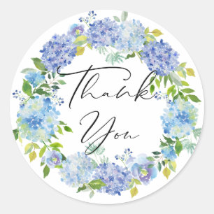 Watercolor Blue Hydrangeas Wreath Thank You Classic Round Sticker