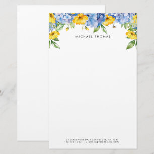 Watercolor Blue Hydrangeas & Yellow Floral  Stationery