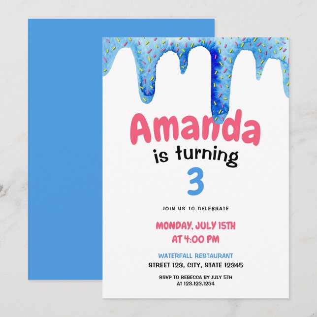 Watercolor Blue Ice Cream Drip Birthday Invitation (Front/Back)