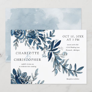watercolor blue indigo flowers horizontal wedding invitation