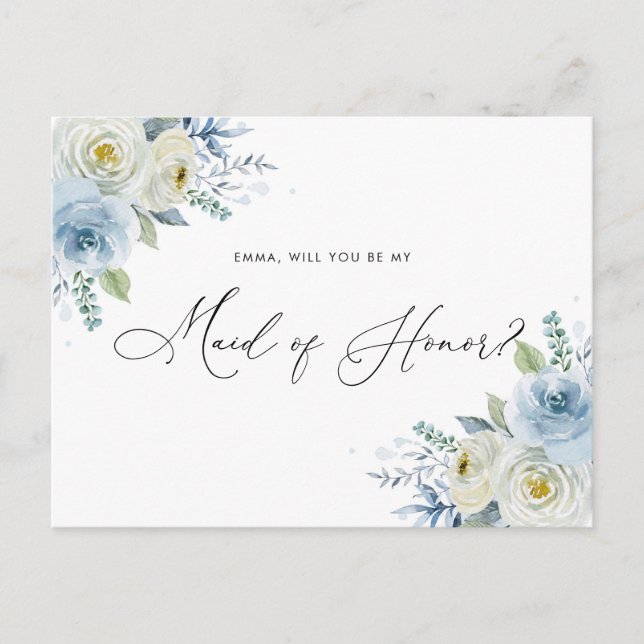 Watercolor Blue & Ivory Roses Maid of Honour Postcard (Front)