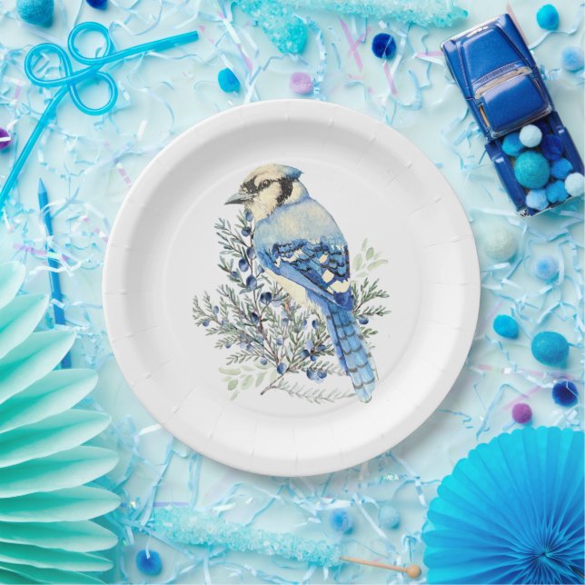 Watercolor Blue Jay Bird Blueberries Country Art Paper Plate (Party)