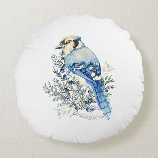 Watercolor Blue Jay Bird Blueberries Country Art Round Cushion (Front)
