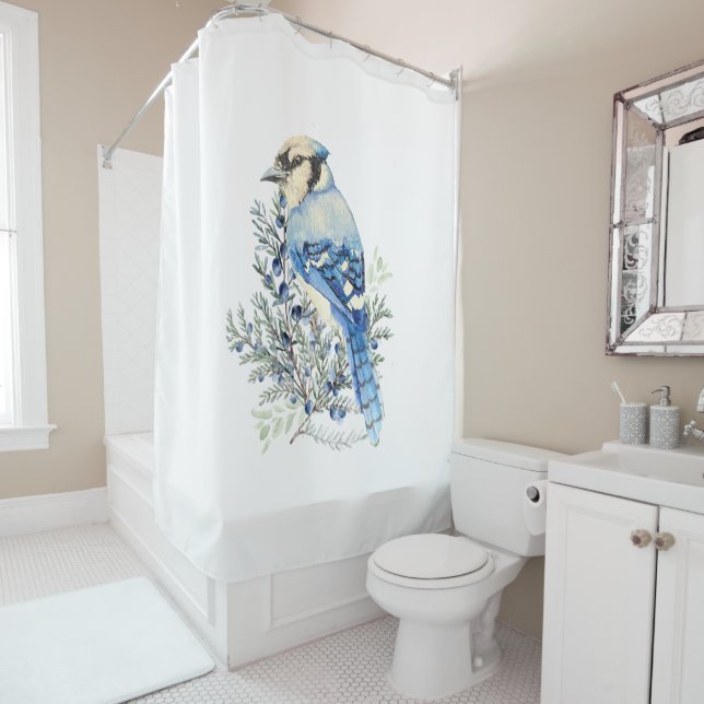 Watercolor Blue Jay Bird Blueberries Country Art Shower Curtain (In Situ)