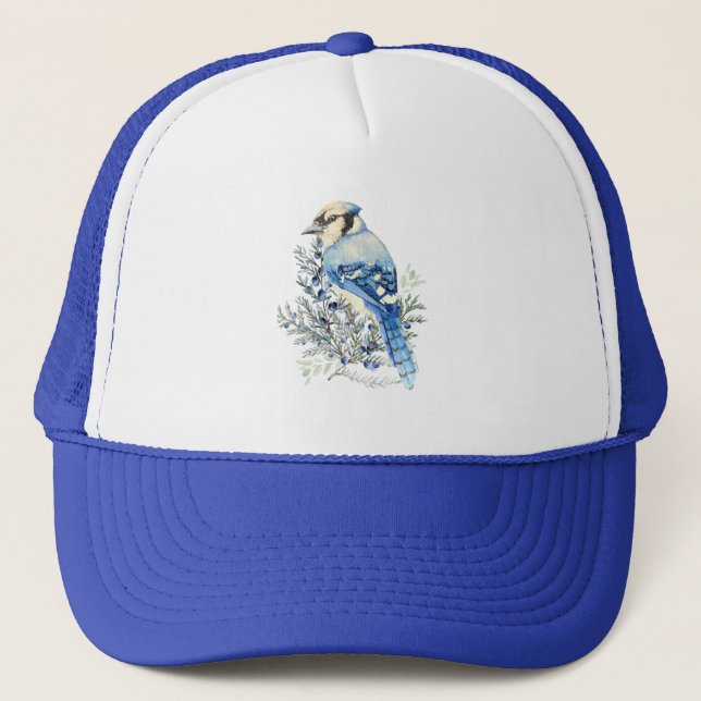 Watercolor Blue Jay Bird Blueberries Country Art Trucker Hat (Front)