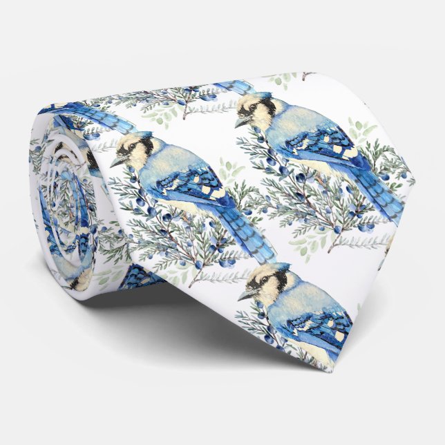 Watercolor Blue Jay Bird Blueberries Country Tie (Rolled)