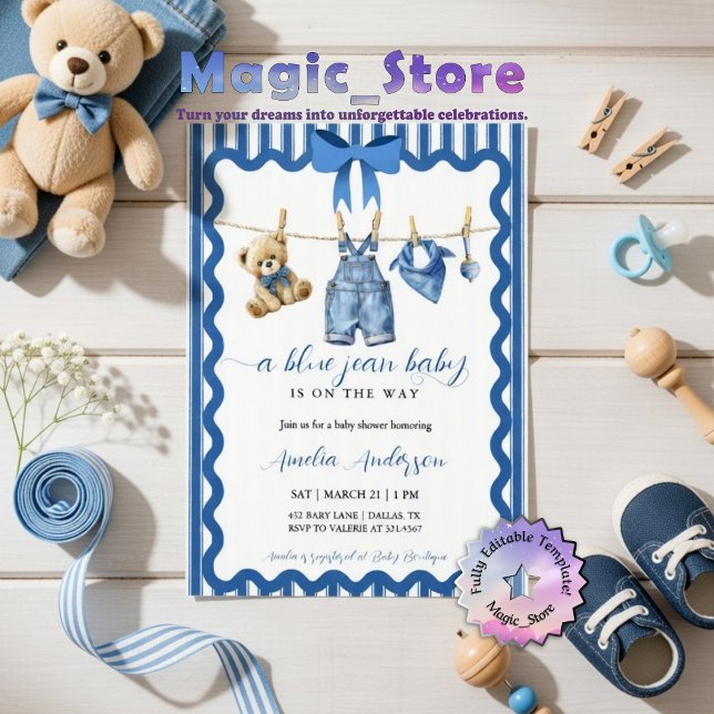 Watercolor Blue Jean Baby Clothesline Baby Shower Invitation (Creator Uploaded)