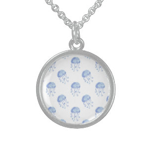 watercolor blue jellyfish beach design sterling silver necklace