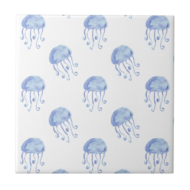 watercolor blue jellyfish beach design tile (Front)