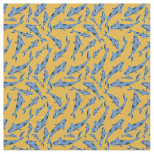 Watercolor Blue Koi Fish Yellow Pattern Fabric