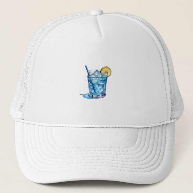 Watercolor Blue Lagoon Cocktail Drink Trucker Hat (Front)