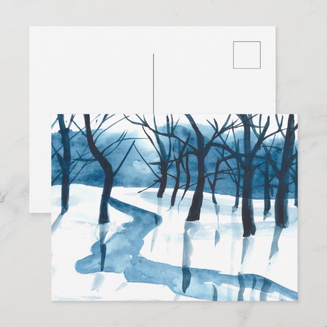 Watercolor blue landscape, trees and river, snowy  holiday postcard (Front/Back)