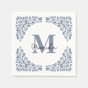 Watercolor Blue Leaves bundle Letter M Monogram Napkin