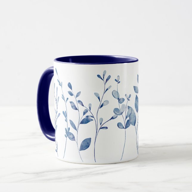 Watercolor Blue Leaves Mug (Front Left)
