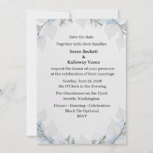 Watercolor Blue Leaves Save the Date Wedding Invit Invitation