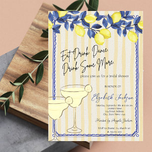 Watercolor Blue Lemons Martini Yellow Stripes Invitation