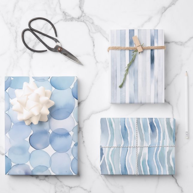 Watercolor Blue Lines Circles Abstract Pattern Wrapping Paper Sheet (Front)