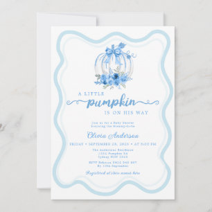 Watercolor Blue Little Pumpkin Bow Baby Shower Invitation