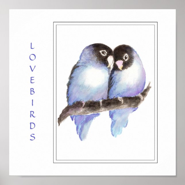 Watercolor Blue Lovebirds -Bird  Print (Front)