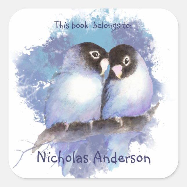 Watercolor Blue Lovebirds Love Birds Bookplate art Square Sticker (Front)